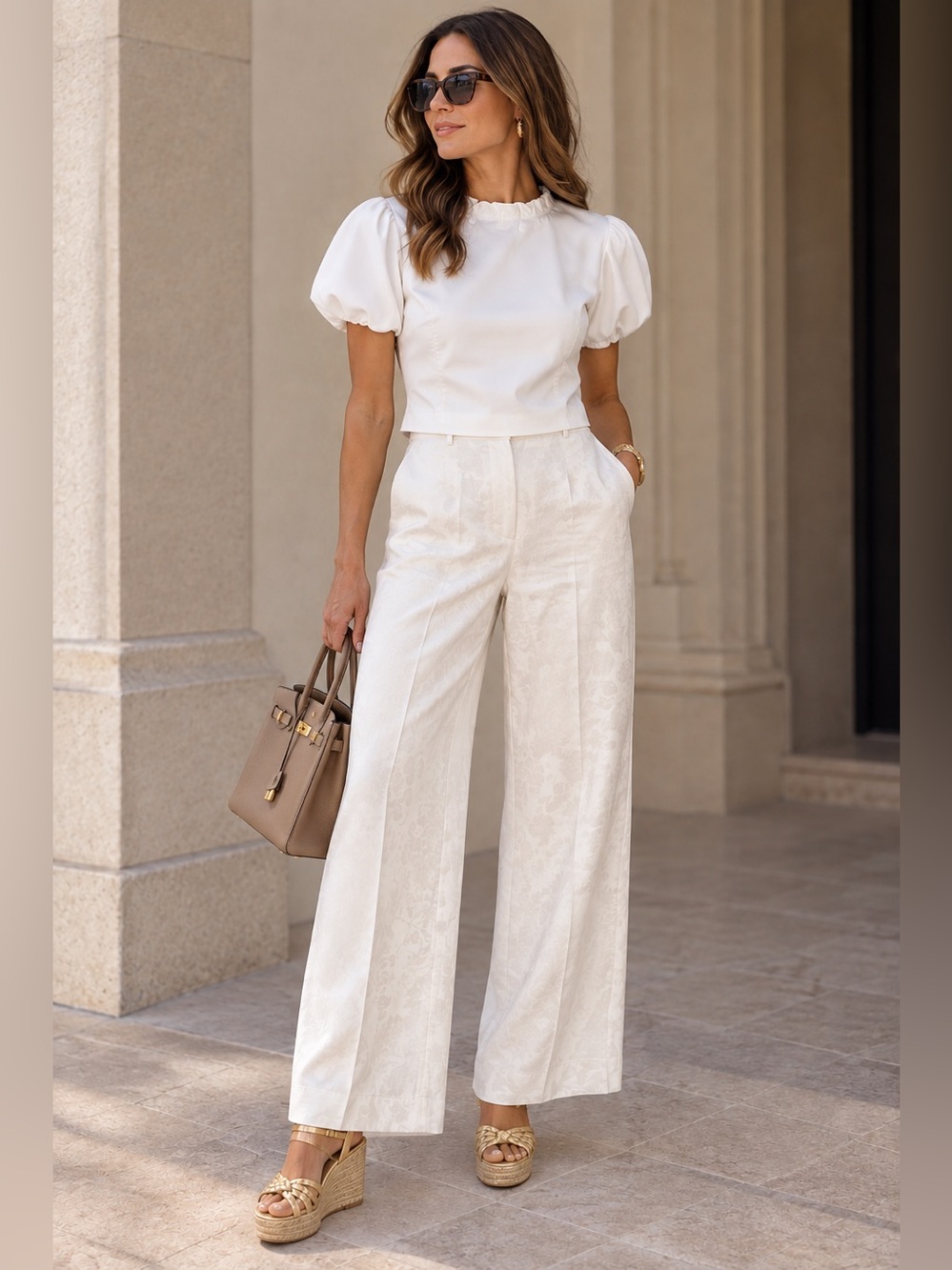 Zara White Floral Jacquard Wide-Leg Pants